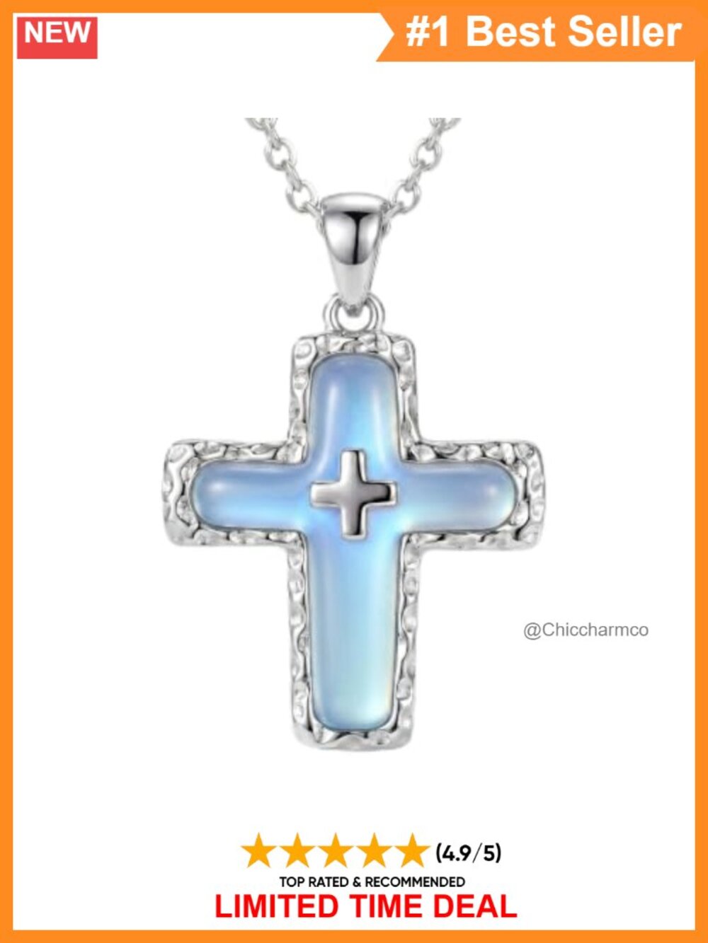 925 Sterling Silver Moonstone Cross Pendant Necklace 18in Adjustable